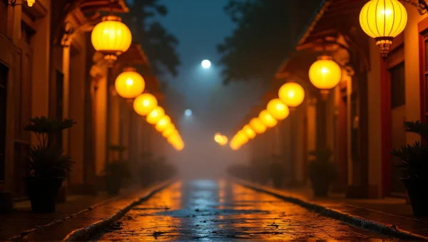 Night Street Lanterns Warm Light Reflection