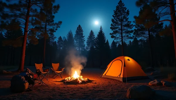 Nighttime Camping Tent With Campfire And Chairs