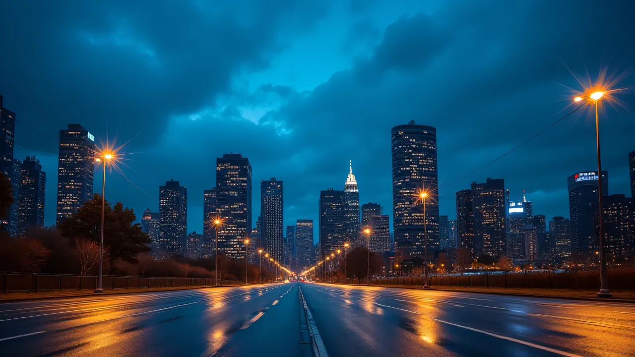 A vibrant city skyline at night showcasing illuminated buildings and wet asphalt reflections.
