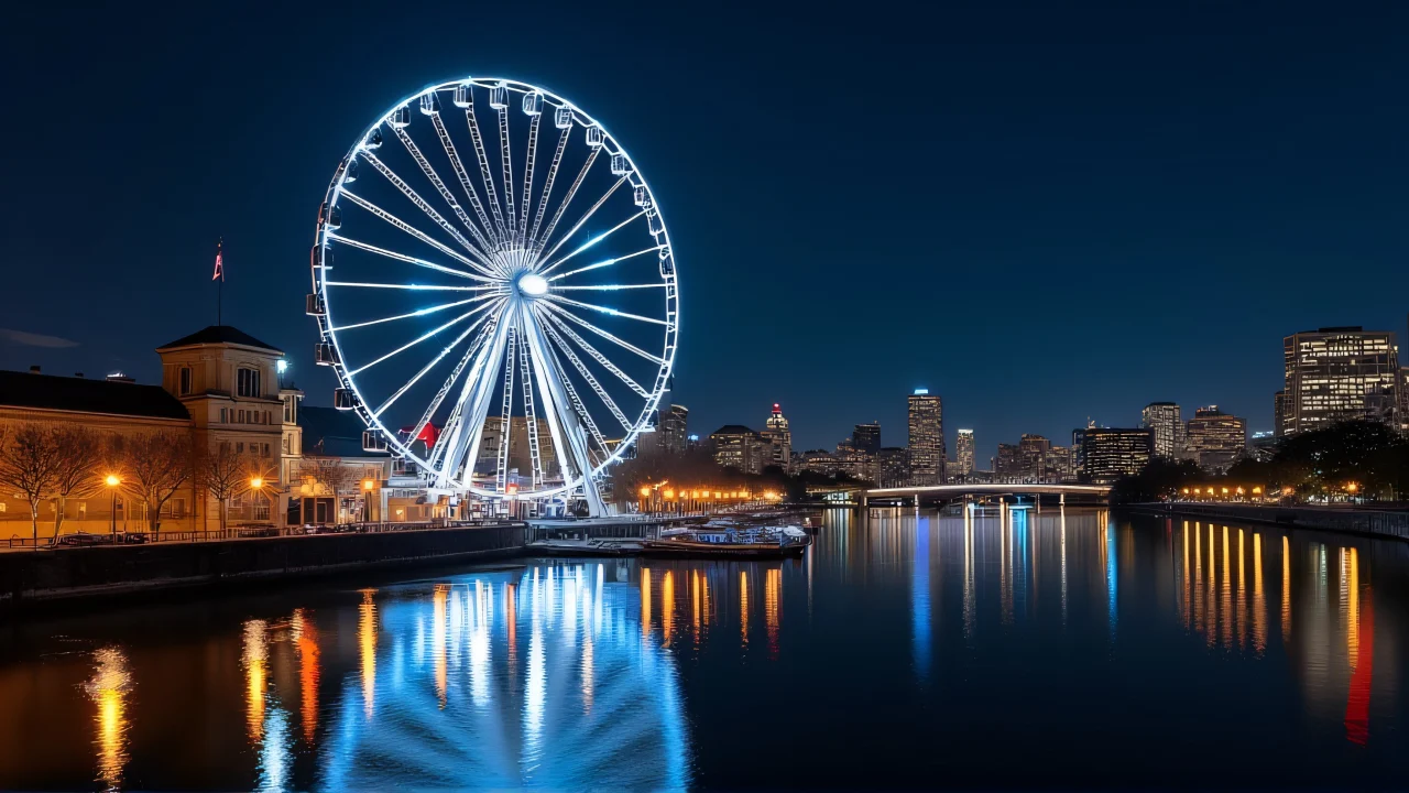 A vibrant city skyline at night with a Ferris wheel and reflections on the river.
