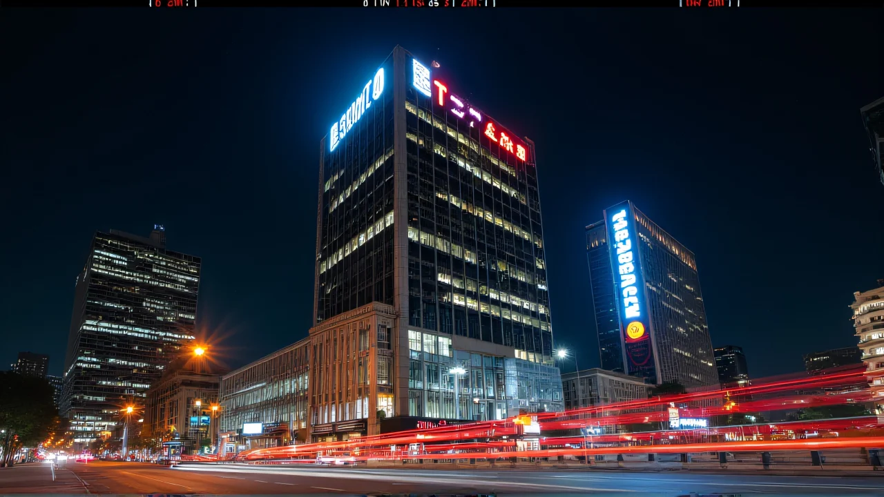 A low-angle view of a nighttime city with illuminated high-rise buildings and blurred traffic.