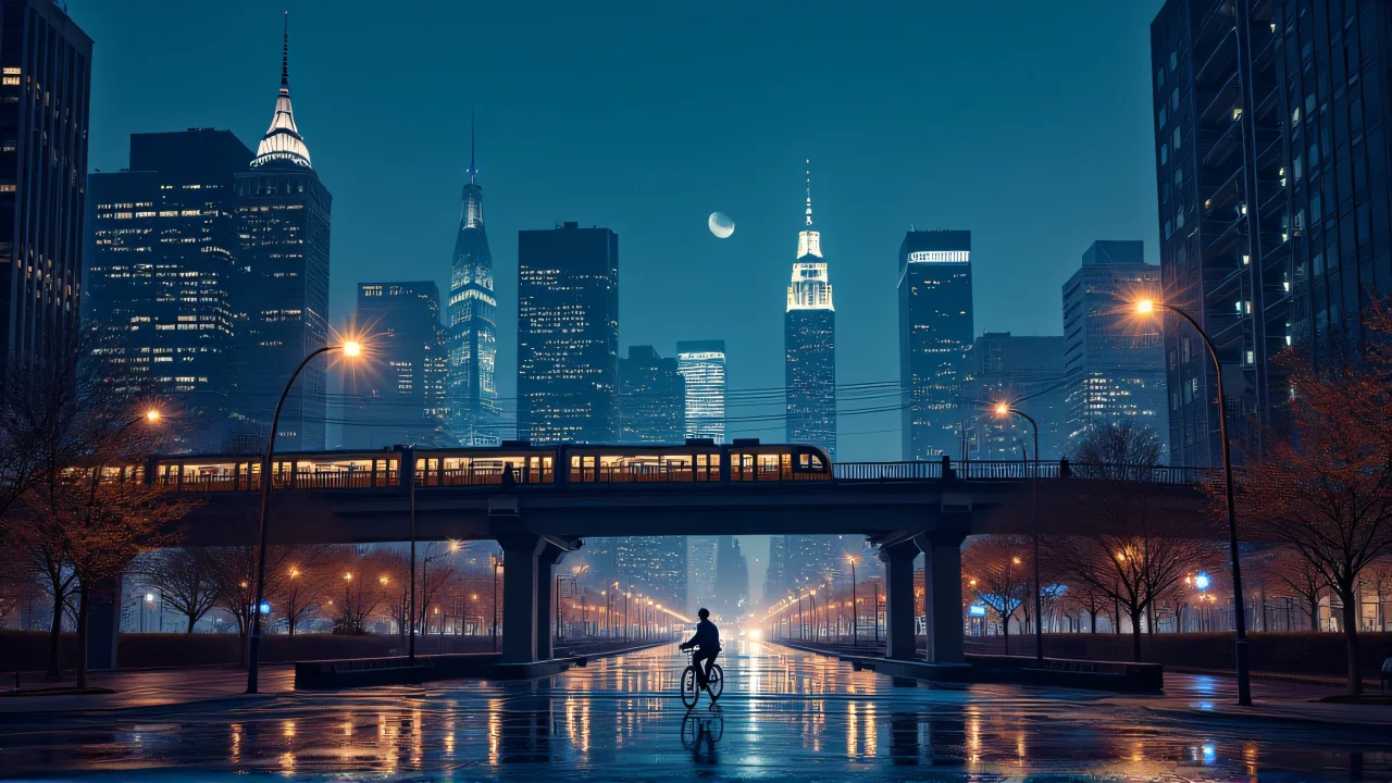 A panoramic view of a city skyline at night with glowing skyscrapers and a cyclist silhouette.