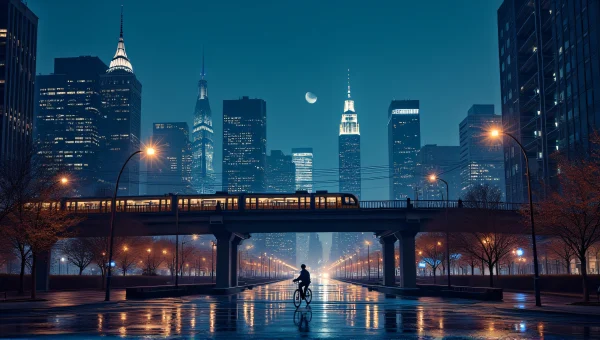 Nighttime Cityscape With Skyscrapers And Cyclist