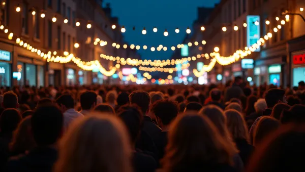 Nighttime Crowd Under Neon Lights in City