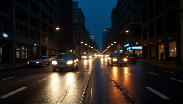 Nighttime Street Scene With Vehicles and Lights