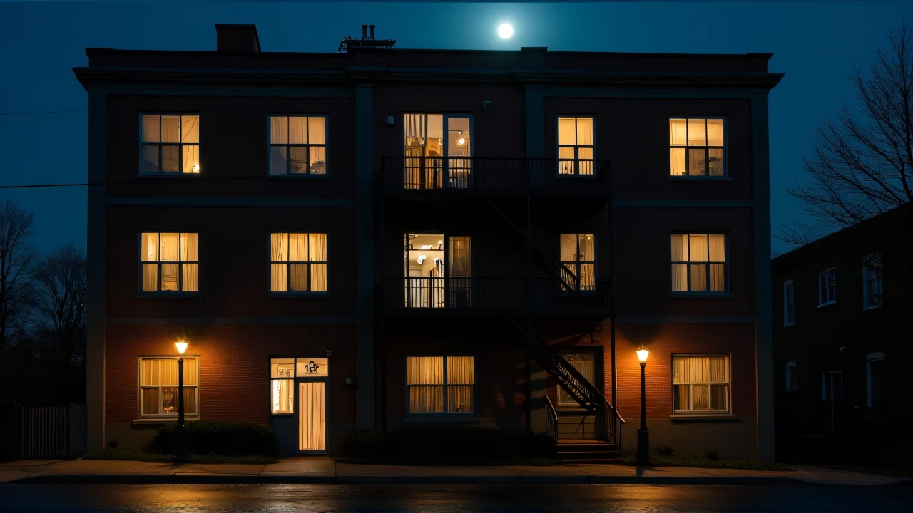 A multi-storey urban building at night with open windows illuminating the street below.