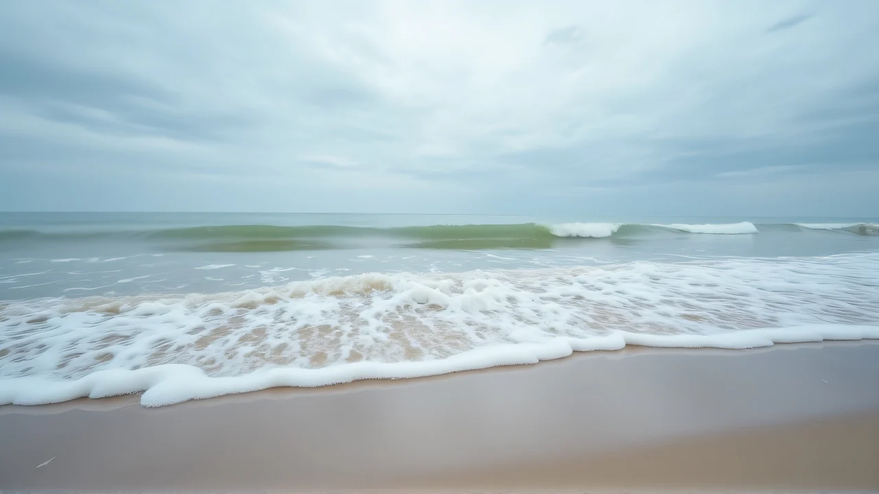 A dynamic ocean wave crashes onto a sandy beach at low tide.