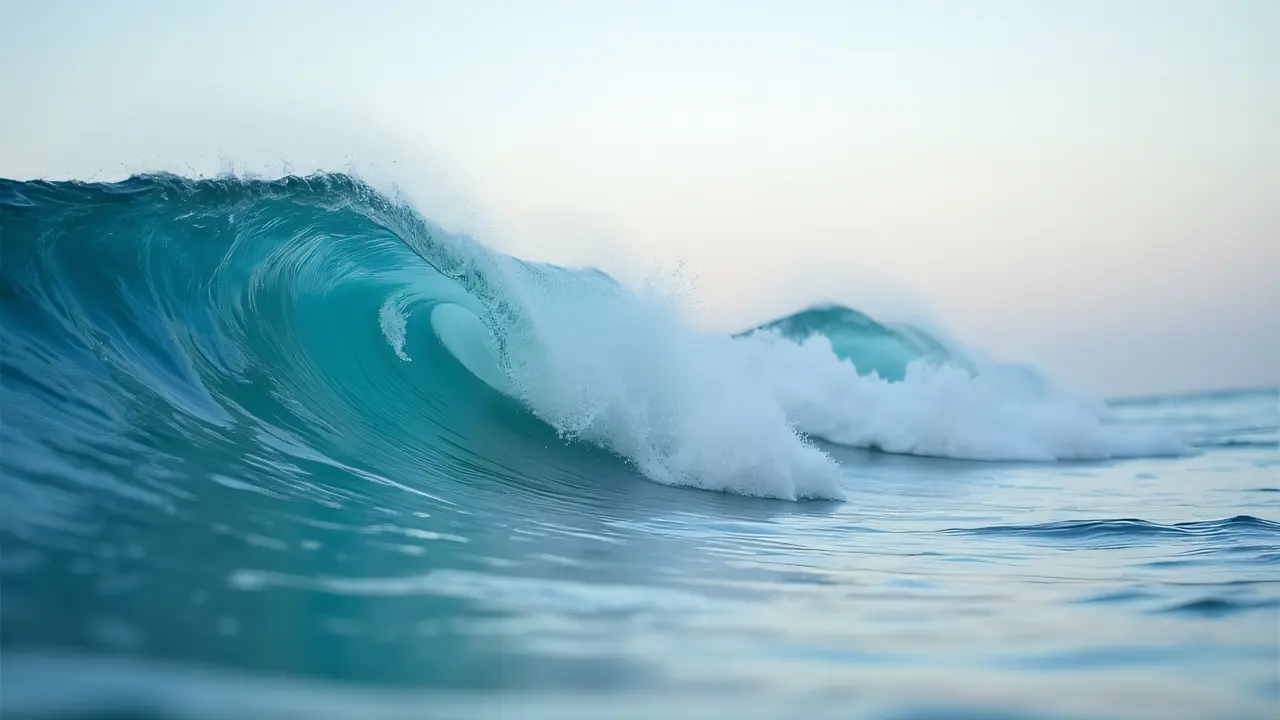 Close-up of ocean waves cresting and breaking with reflections in natural light.