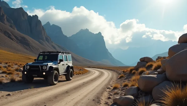 Off-Road Vehicle By Mountain Track In Dusk Light