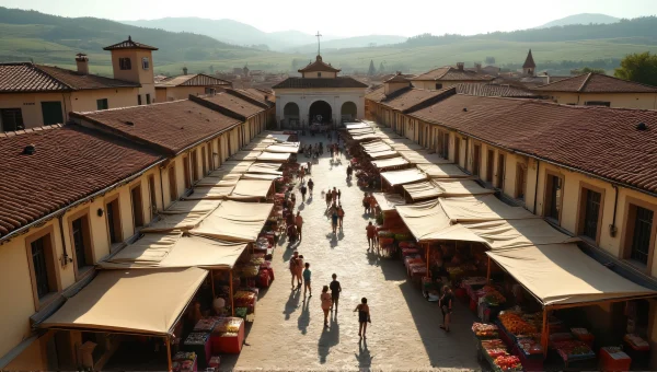 Open-Air Market Aerial View With Farmers And Stalls