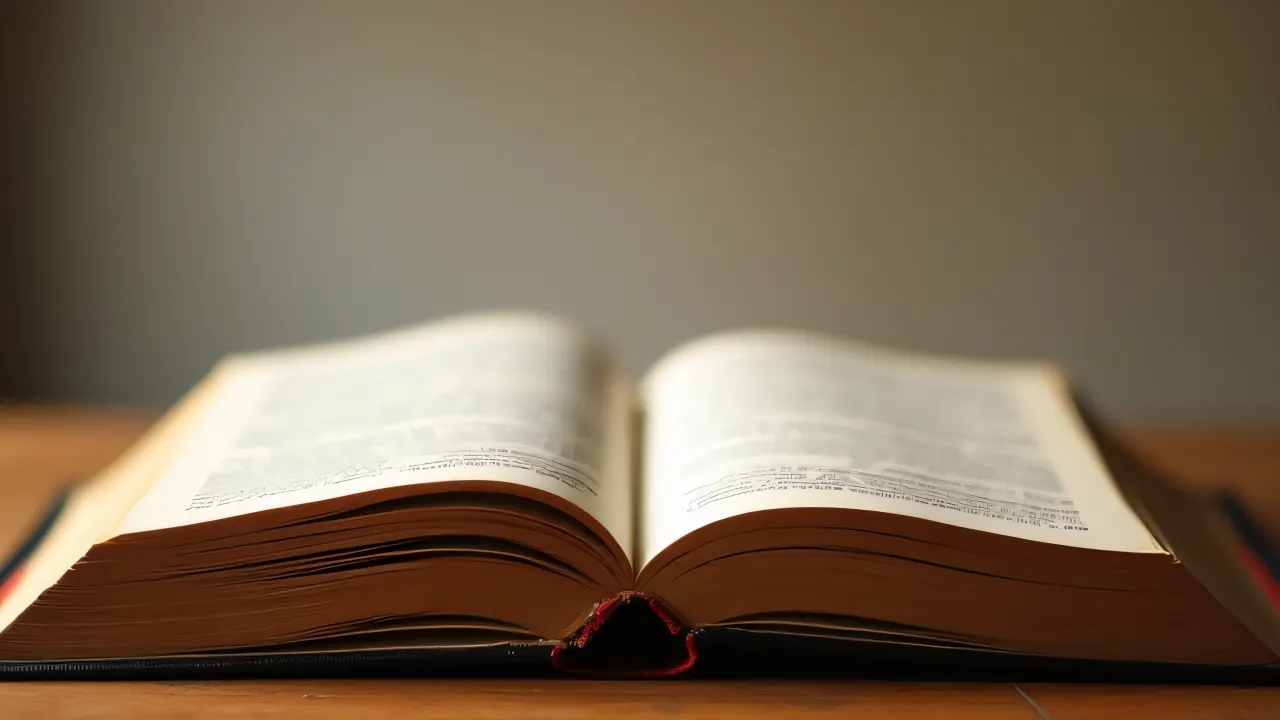 Close-up of an open book fanned on a wooden table with text visible.