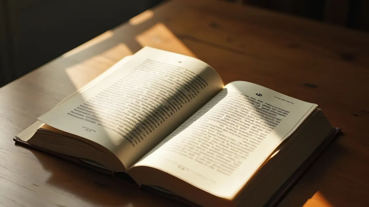 An open hardcover book titled 'Mak Haboru' on a wooden table illuminated by soft window light.