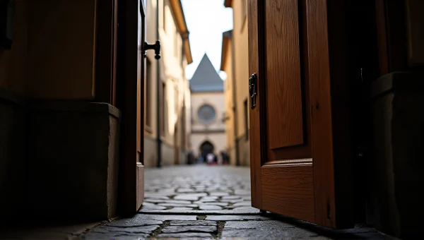 Open Wooden Door Framing Gothic Cathedral Spire