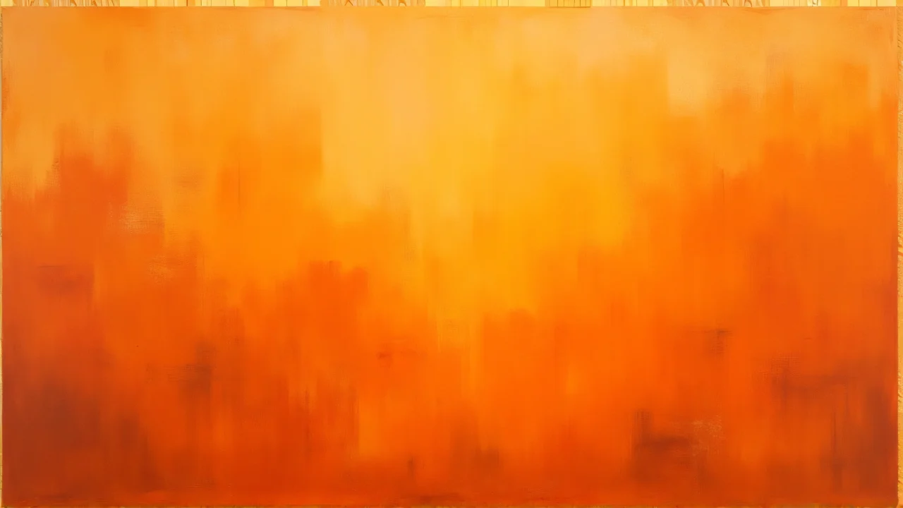 Close-up of an orange abstract painting on textured canvas.