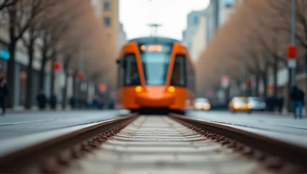 Orange Tram on Rails in City Center View