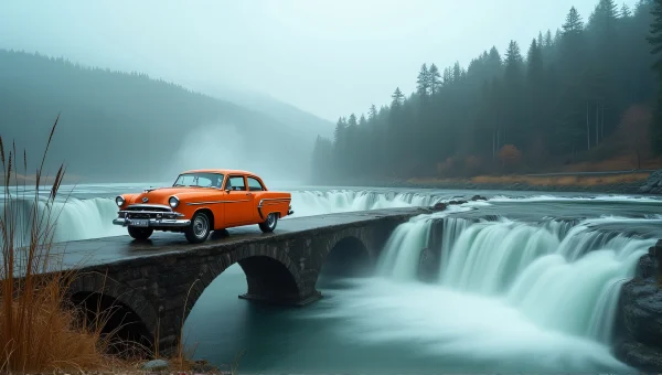 Orange Vintage Car On Narrow Causeway By Waterfalls
