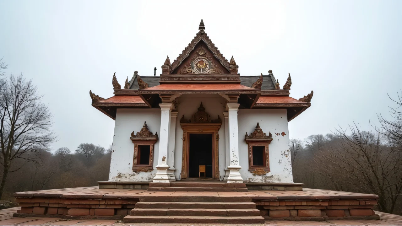 Low angle view of a white and brown temple with ornate details and stone steps.