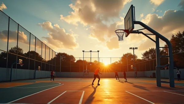 Outdoor Basketball Court Player Dribbling at Sunset