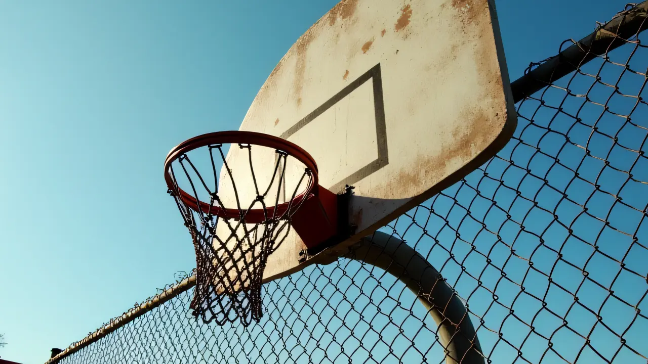 A weathered basketball hoop on a cracked fence under midday sunlight.