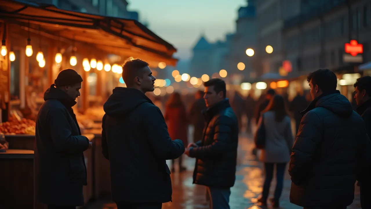 A group of people engaged in conversation near market stalls during dusk with warm backlight.