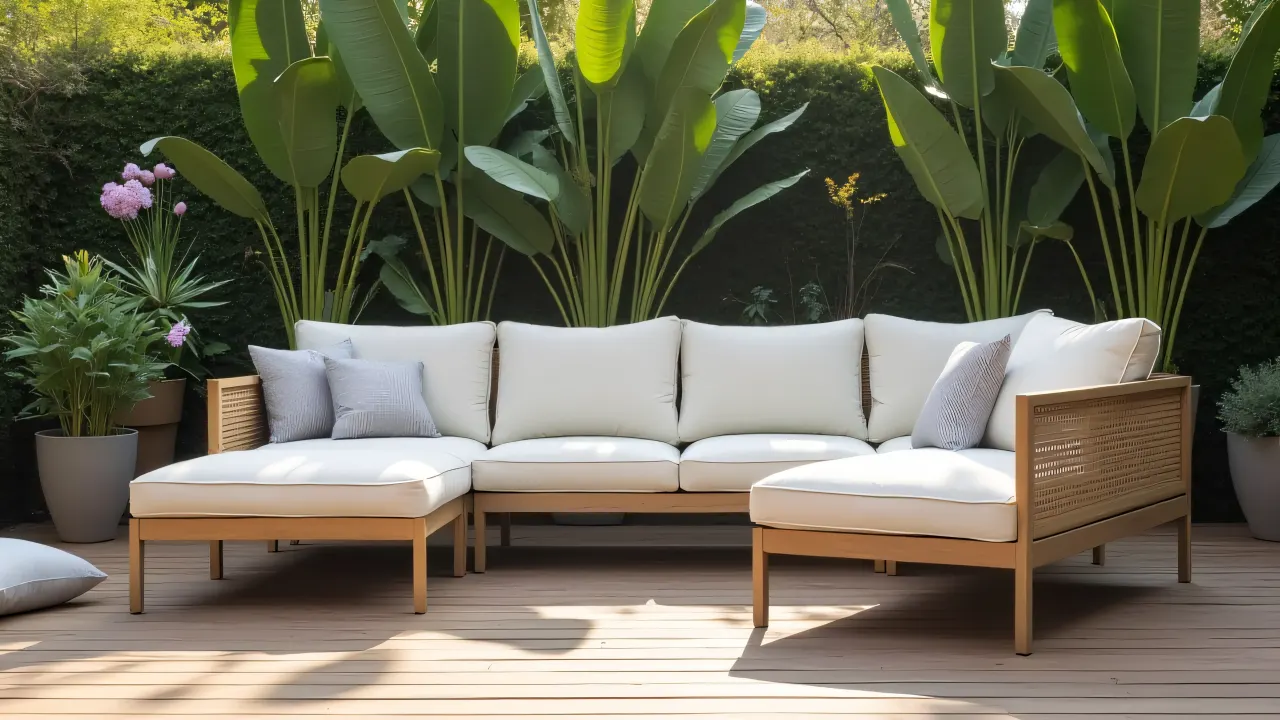 A cozy outdoor sofa set with cushions on a wooden deck surrounded by potted plants.