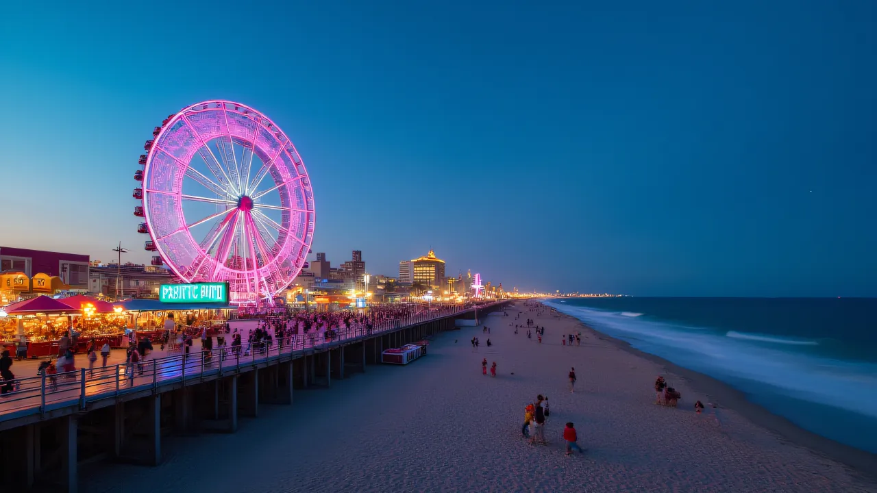 A vibrant Ferris wheel at Pacific Park during dusk with light trails and a lively boardwalk scene.