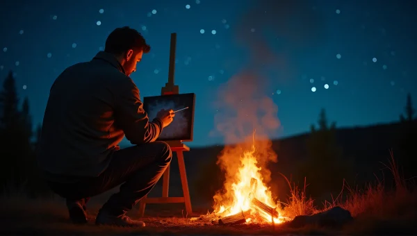 Painter By Bonfire At Night With Canvas