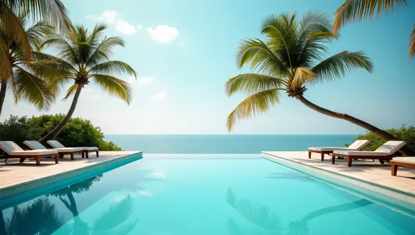 Palm Tree Reflection Over Poolside Lounge Chairs