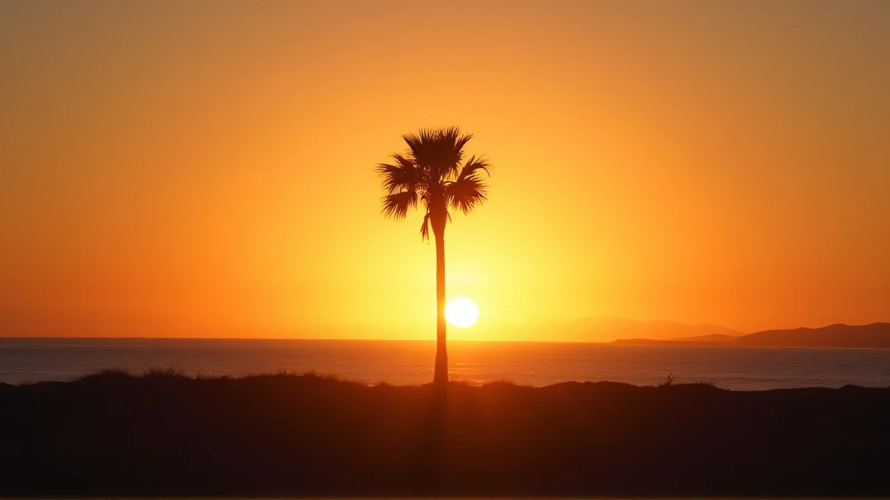 A lone palm tree silhouetted by a low sun over the horizon.