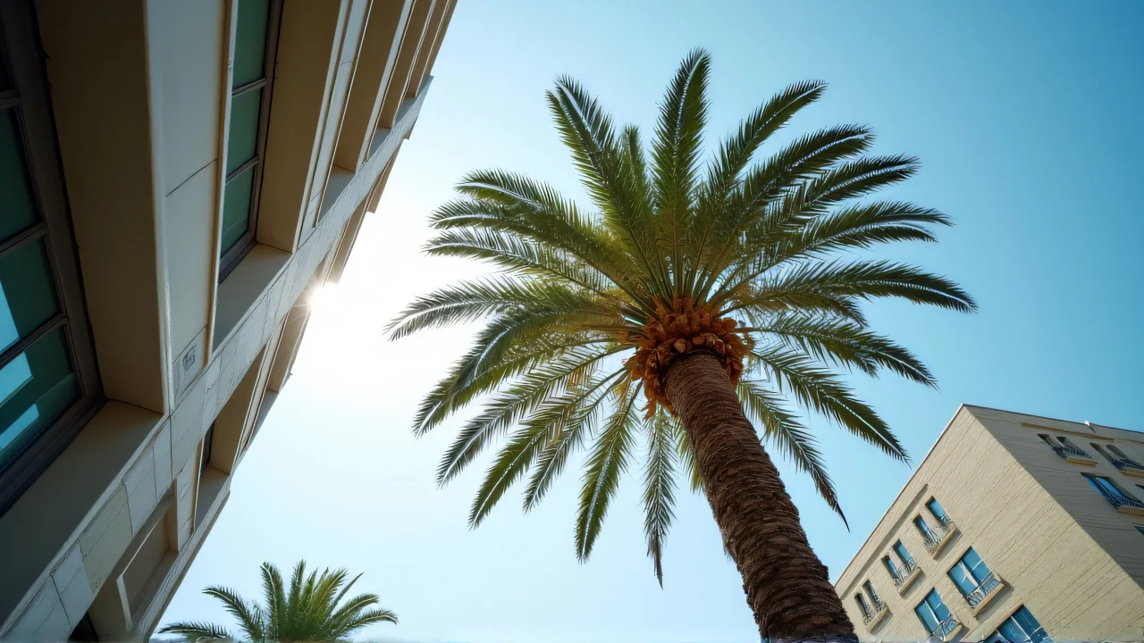 A tall palm tree stands beside urban buildings under a clear sky.