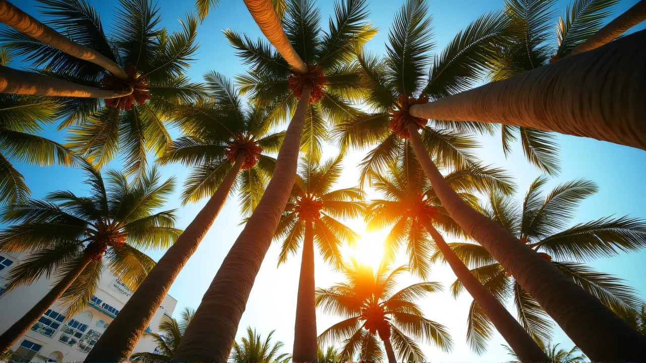 Low-angle view of tall palm trees converging in the golden hour.