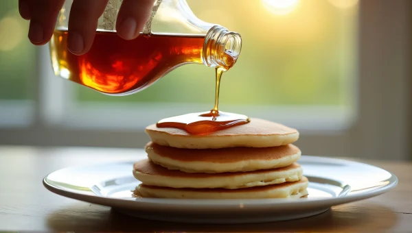 Pancakes With Amber Syrup Drizzle Close-Up