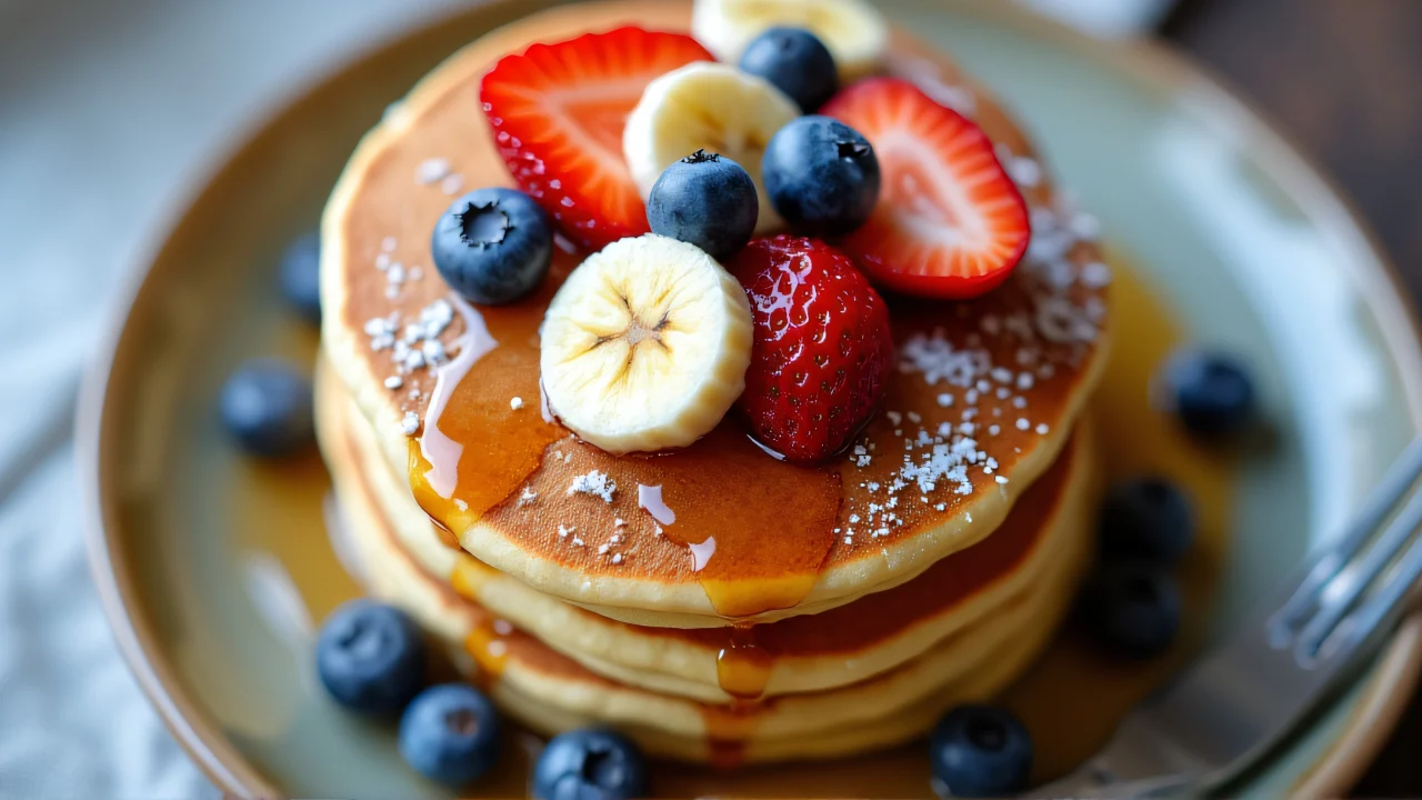 Close-up of a pancake stack with strawberries, bananas, and blueberries drizzled with syrup.