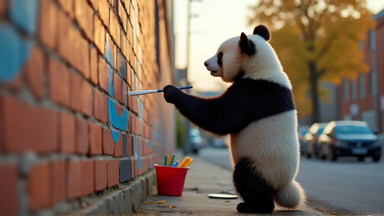 A panda stands on its hind legs painting a mural on a brick wall with a paint bucket nearby.