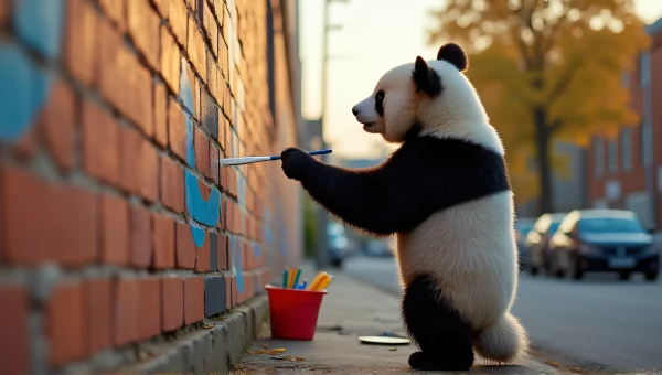 Panda Painting Mural On Wall In Evening Light