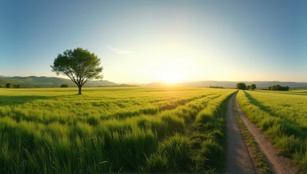 Panoramic Green Grass Field Under Sky at Dusk