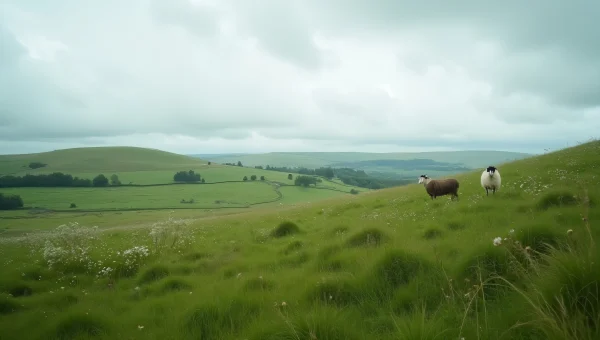 Panoramic View Of Green Hill With Grazing Sheep