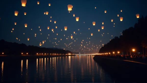 Paper Lanterns Floating Above River Night Sky