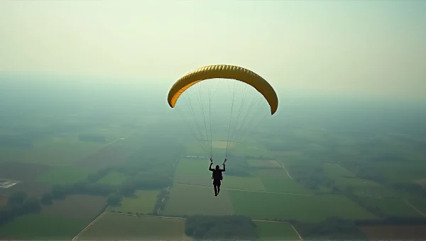 Parachute Descent Over Scenic Patchwork Countryside