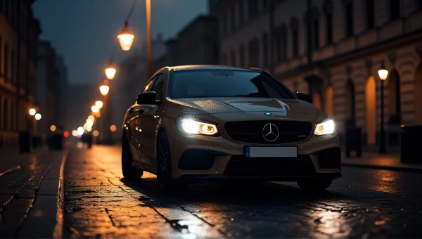 Parked Car Under Streetlamp On Wet Cobblestone Road