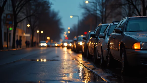 Parked Cars Reflected On Wet City Street Dusk