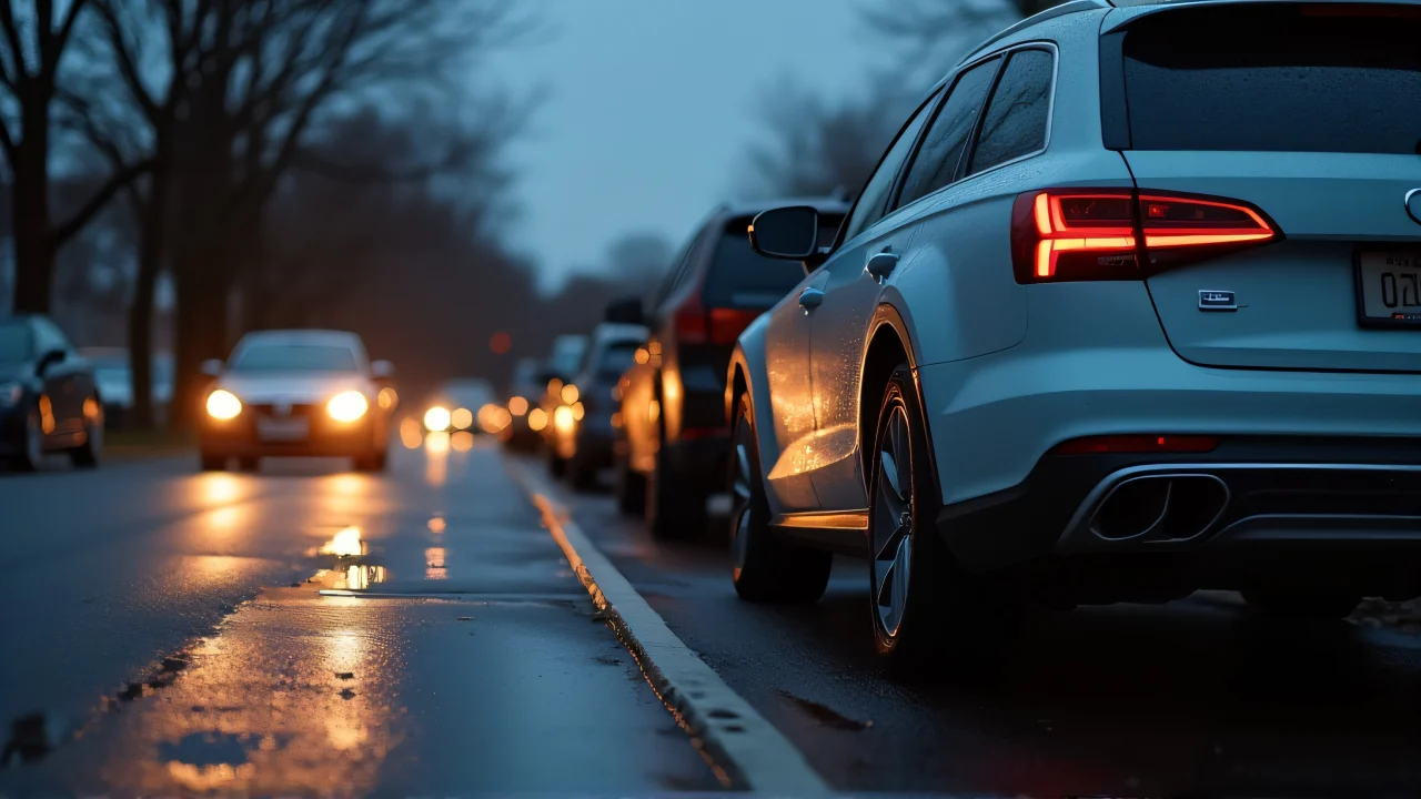 Row of parked cars on a suburban road at dusk with reflections on wet pavement.