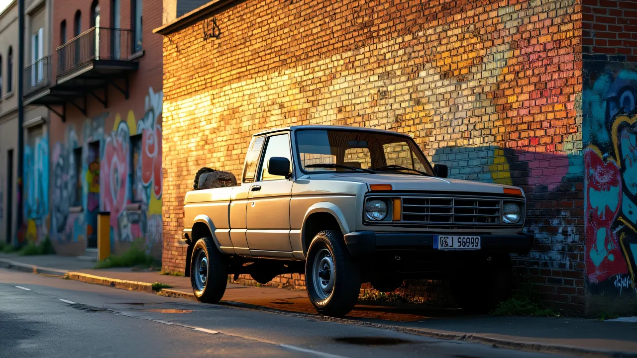 A parked vehicle framed by a vibrant graffiti wall, showcasing wet pavement reflections during golden hour.