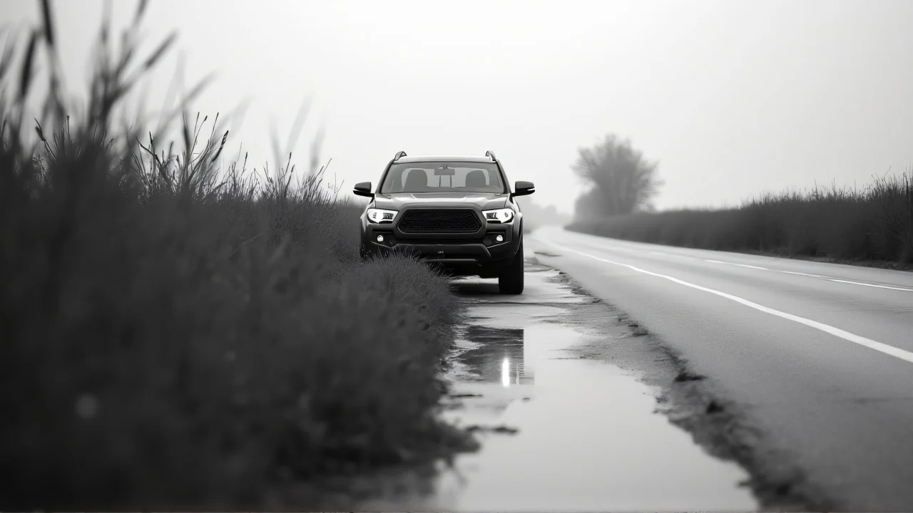 Grayscale image of a parked vehicle on a two-lane road with reflections on wet pavement.