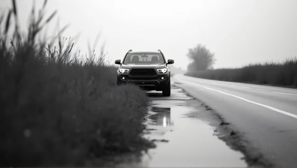 Parked Vehicle Beside Road With Wet Pavement