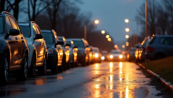 Parked Vehicles on Wet Road at Dusk