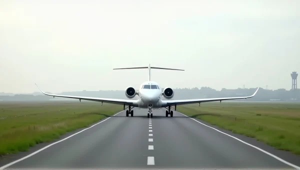 Passenger Airliner Parked On Road With Grassy Fields