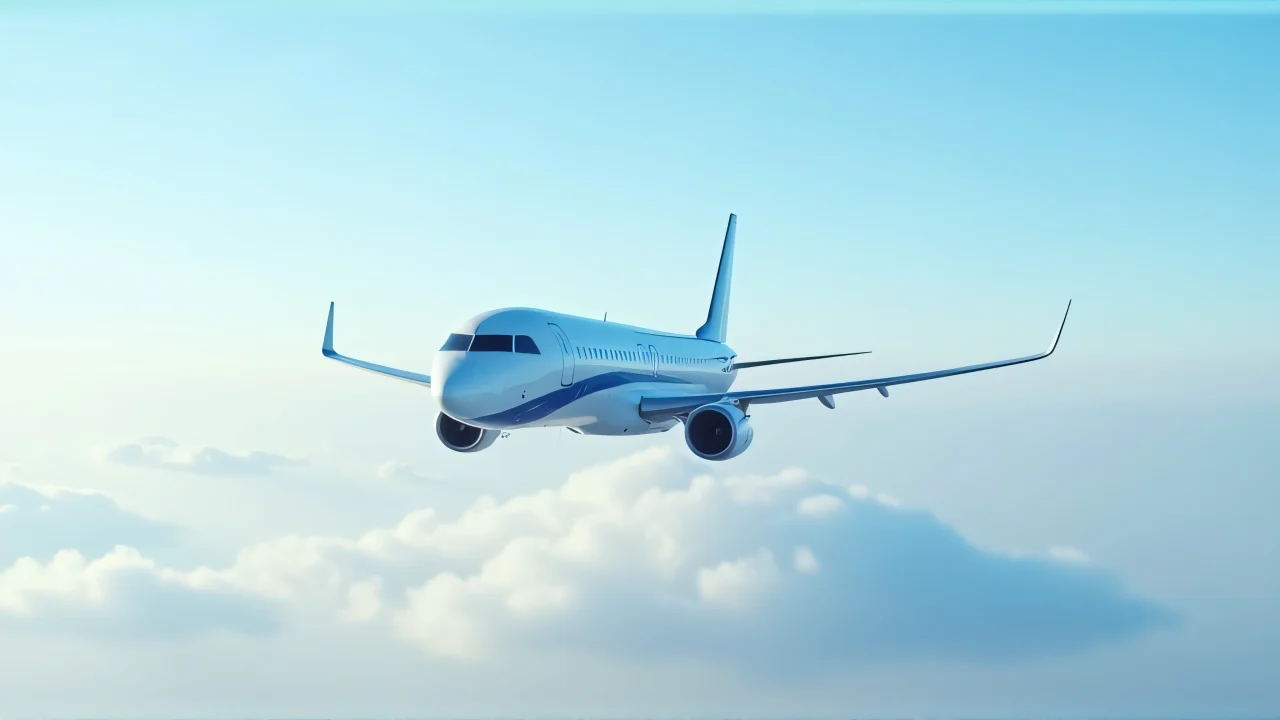 A blue-and-white airplane flying above cloud layers in a clear sky.
