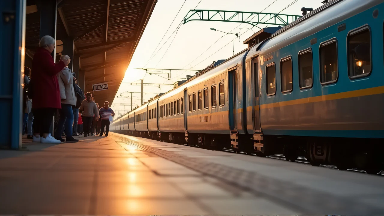 A low-angle view of a passenger train at a busy railway platform during the morning.