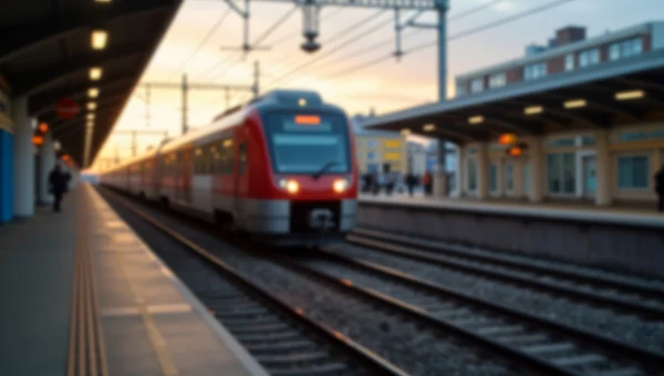 Passenger Train Moving Through Urban Station At Dusk